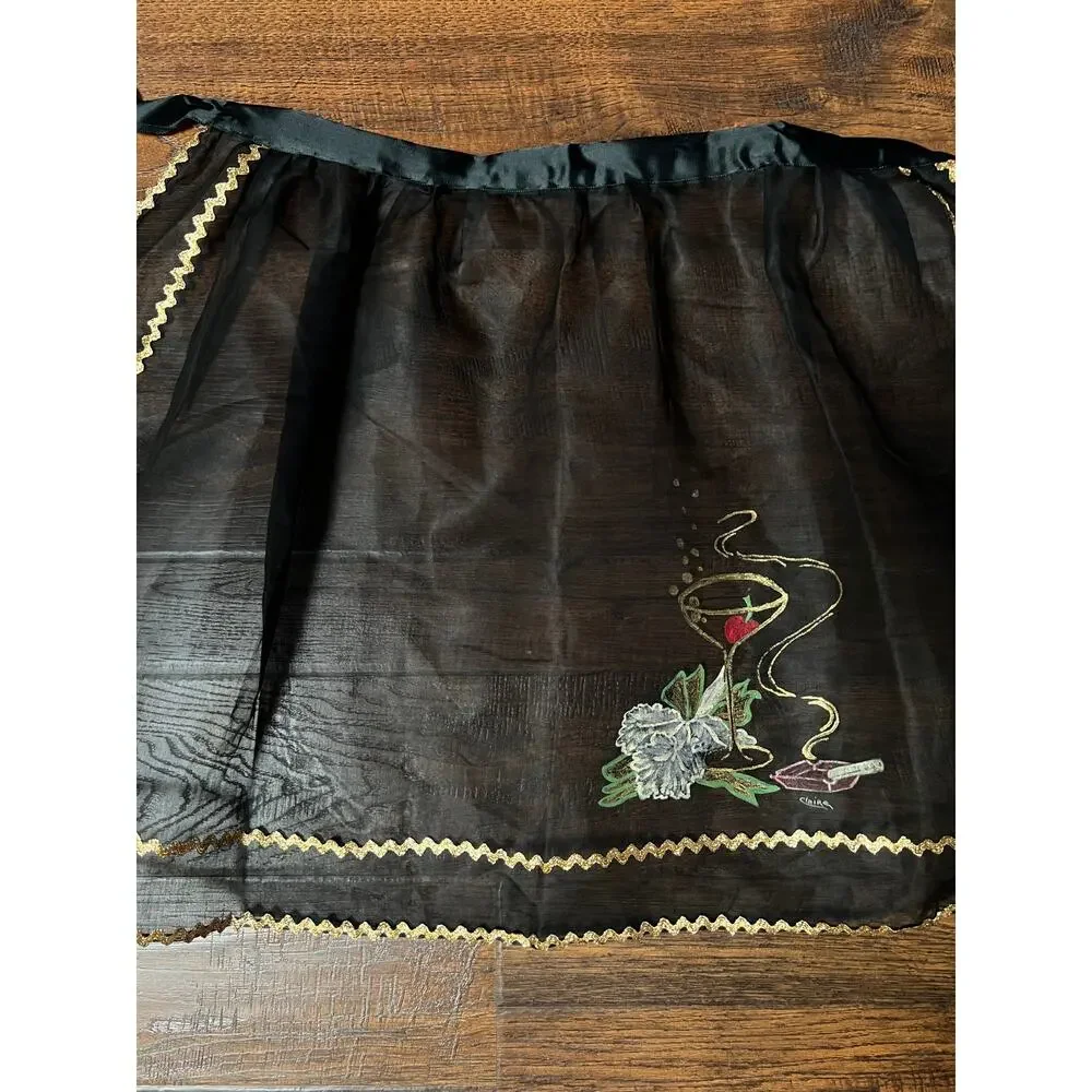 VTG Mid Century Sheer Black Half Apron Hand Painted Martini Cigarette Gold Trim